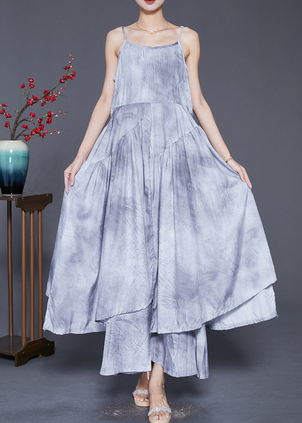 Diy Grey Asymmetrical Tie Dye Linen Spaghetti Strap Dress Summer