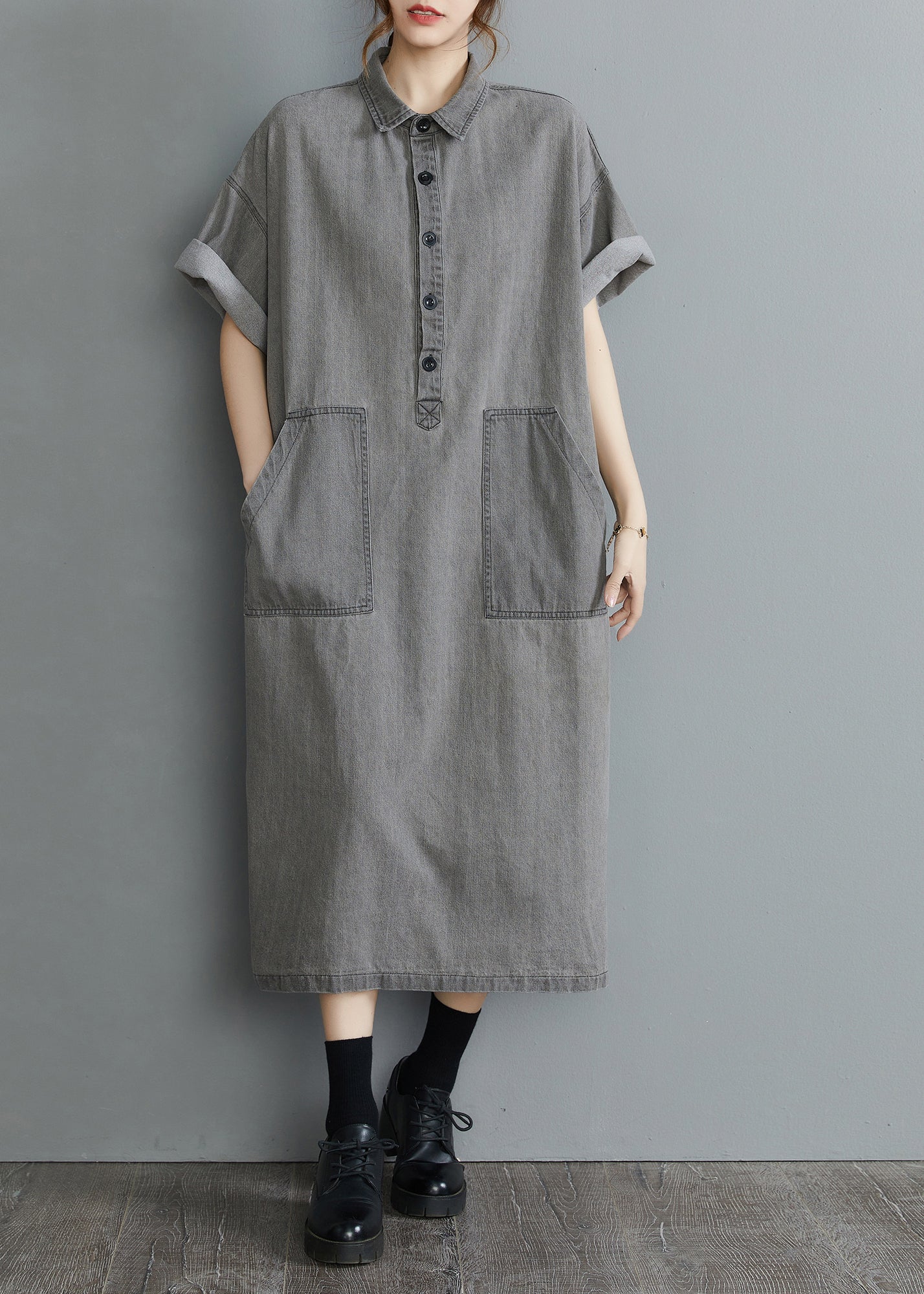 Diy Grey Oversized Pockets Side Open Denim Vacation Dress Summer