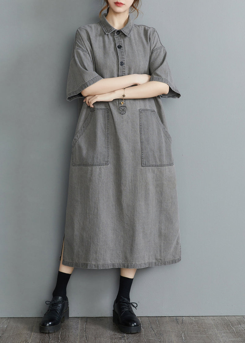 Diy Grey Oversized Pockets Side Open Denim Vacation Dress Summer