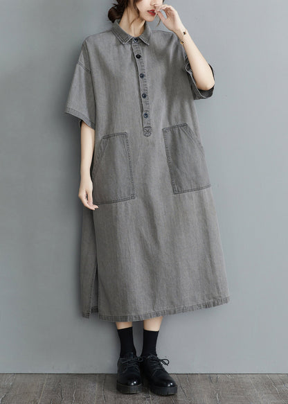 Diy Grey Oversized Pockets Side Open Denim Vacation Dress Summer