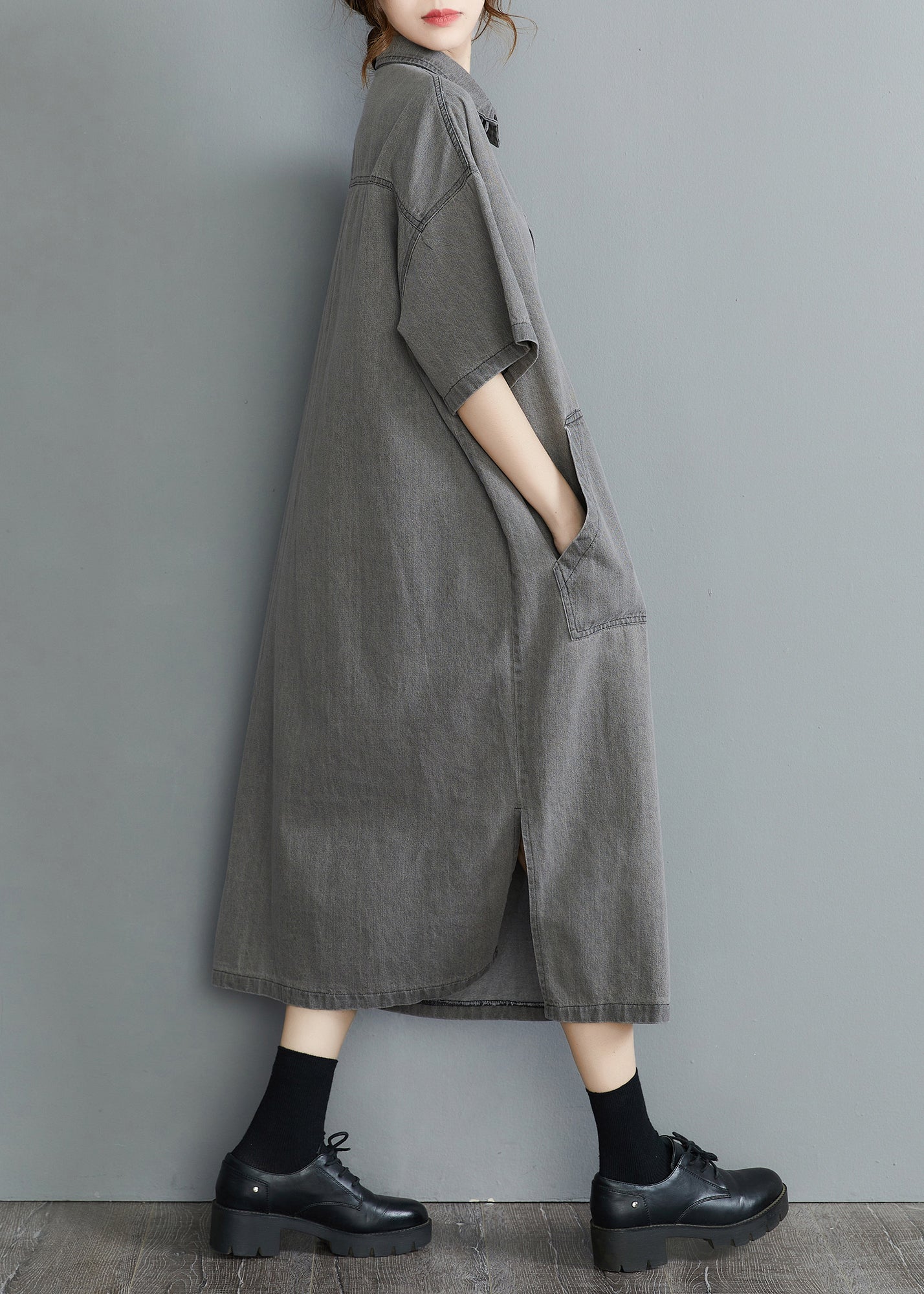 Diy Grey Oversized Pockets Side Open Denim Vacation Dress Summer