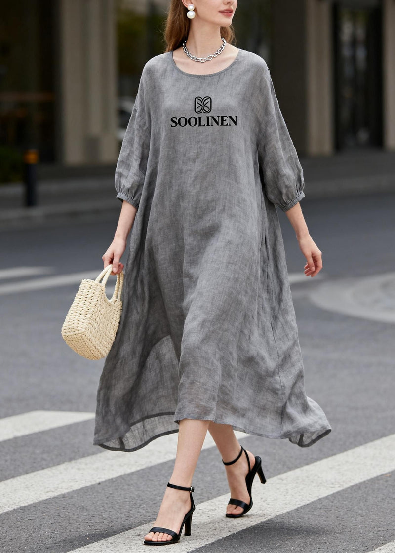 Diy Grey Oversized Print Linen Maxi Dresses Summer