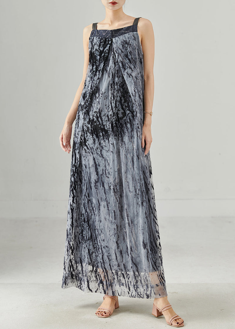 Diy Grey Print Chiffon Spaghetti Strap Dress Summer