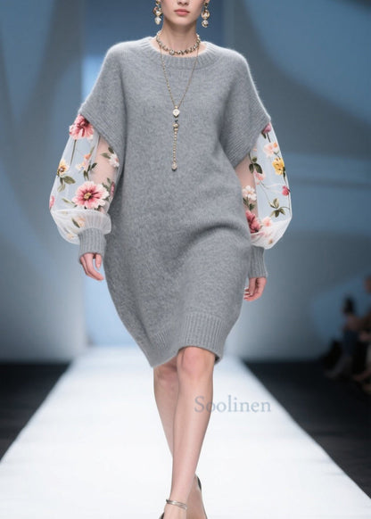 Diy Grey Tulle Patchwork Knitwear Dress Fall