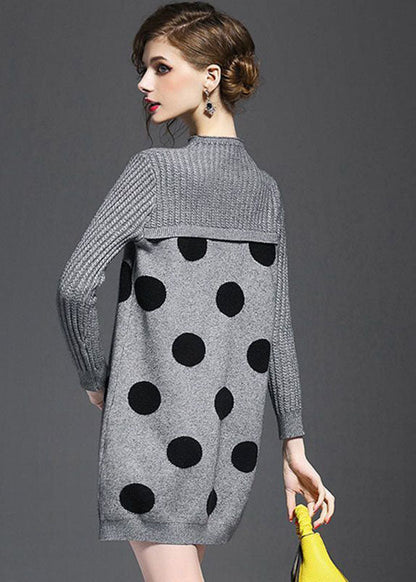 Diy Grey Turtle Neck Dot Print Long Knit Dress Long Sleeve