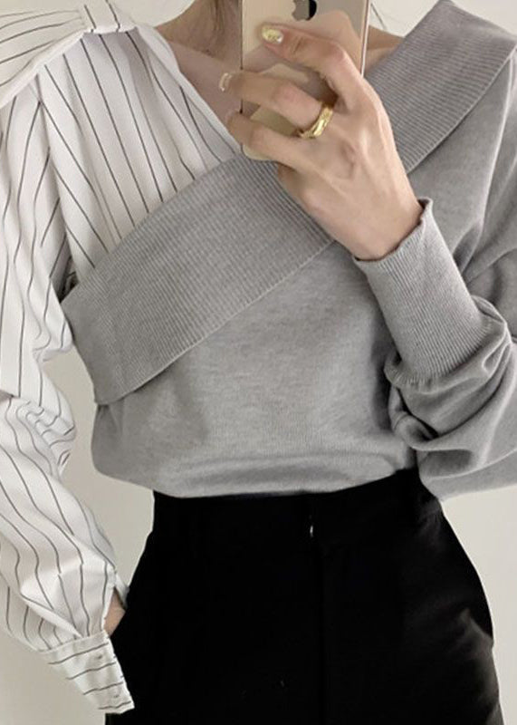 Diy Grey V Neck Cross Patchwork Knit Shirt Tops Spring
