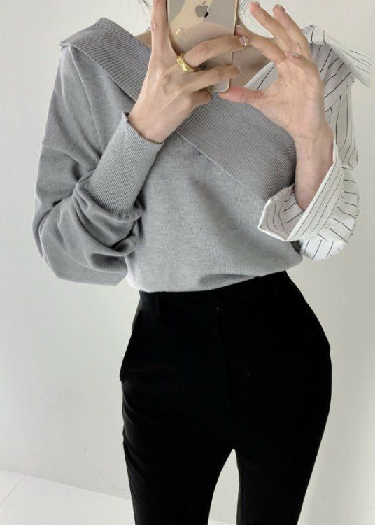 Diy Grey V Neck Cross Patchwork Knit Shirt Tops Spring