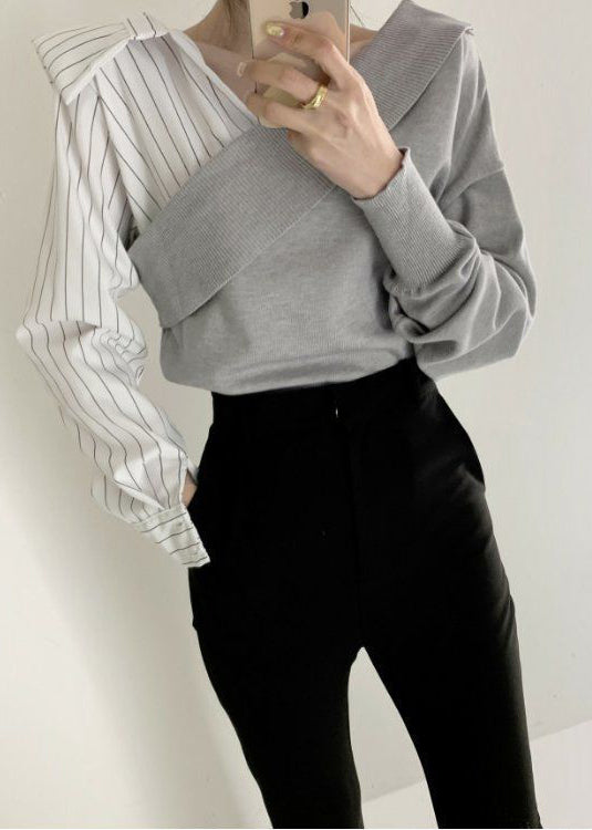 Diy Grey V Neck Cross Patchwork Knit Shirt Tops Spring