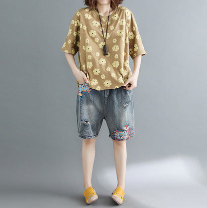 Diy Half Sleeve Cotton Clothes for Wardrobes Yellow Print Clothing Top