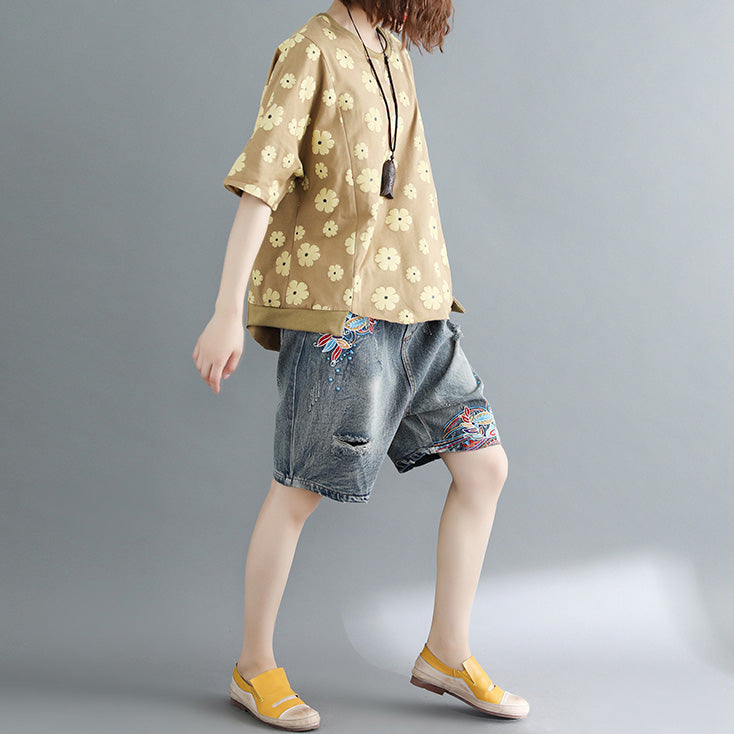 Diy Half Sleeve Cotton Clothes for Wardrobes Yellow Print Clothing Top