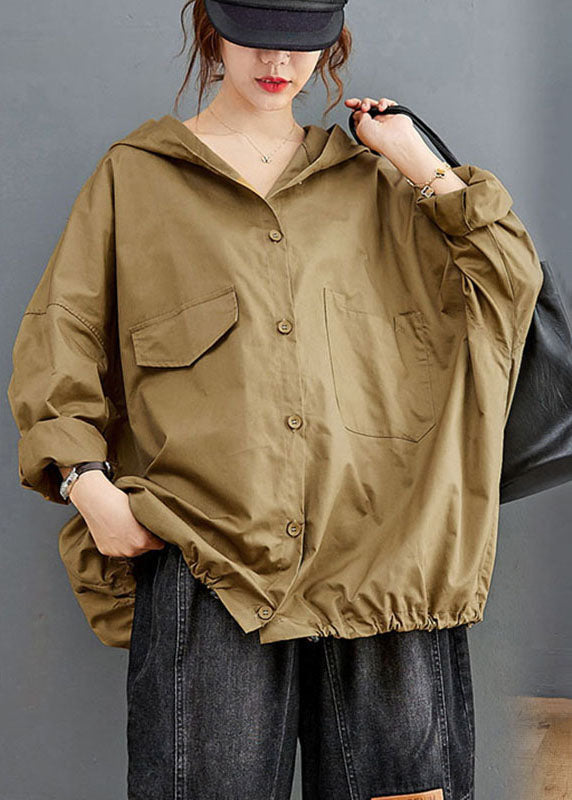 Diy Khaki Button Pockets Loose Fall Long Sleeve Coat