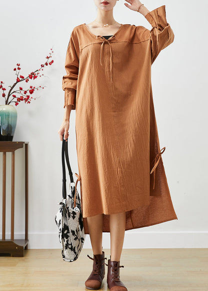 Diy Khaki Oversized Lace Up Linen Long Dress Fall