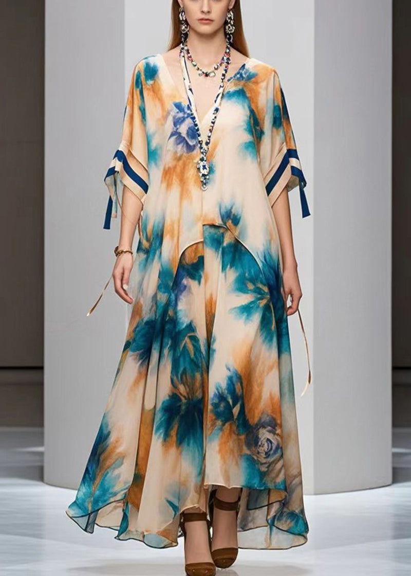 Diy Khaki Oversized Print Chiffon Maxi Dresses Fall