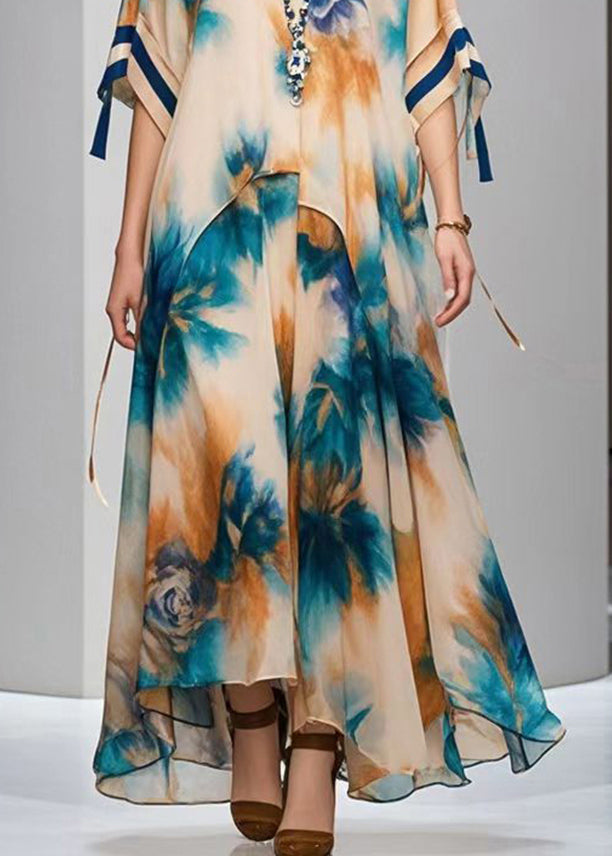 Diy Khaki Oversized Print Chiffon Maxi Dresses Fall