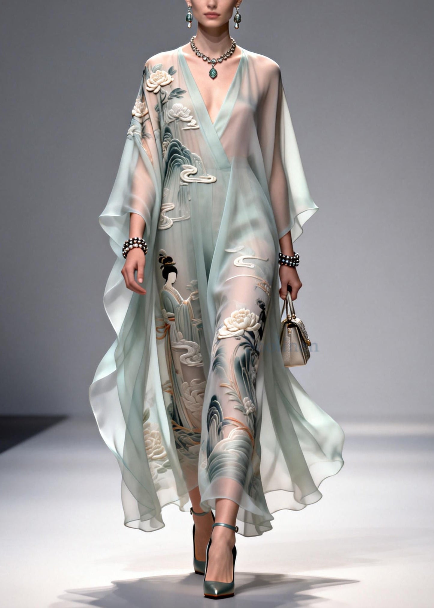 Diy Light Blue Oversized Print Chiffon Dress Summer