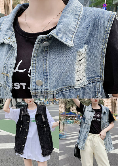 Diy Light Blue Peter Pan Collar Denim Waistcoat Sleeveless