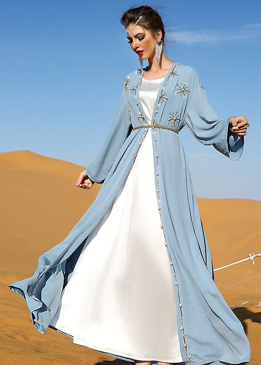 Diy Light Blue V Neck Embroideried Button Maxi Holiday Silk Cardigans Fall