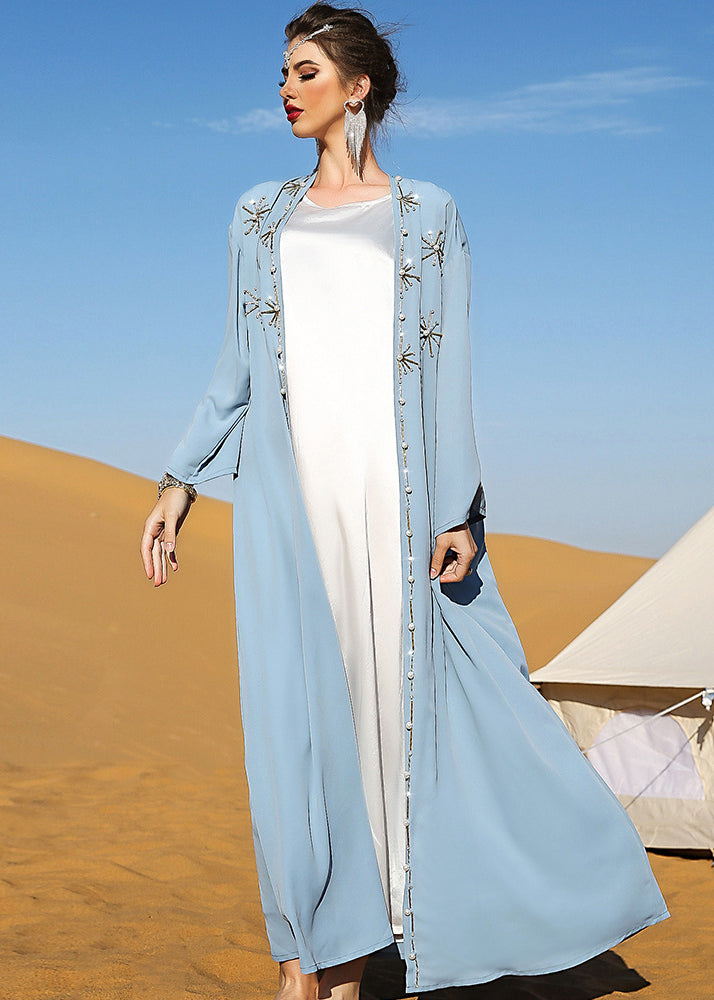 Diy Light Blue V Neck Embroideried Button Maxi Holiday Silk Cardigans Fall