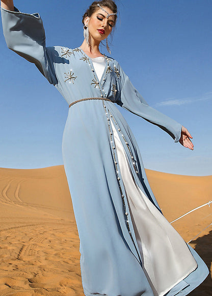 Diy Light Blue V Neck Embroideried Button Maxi Holiday Silk Cardigans Fall