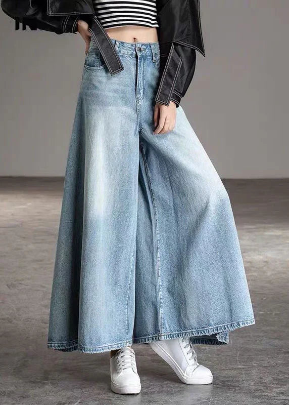 Blue High Waist Pockets Wide Leg Fall Denim Pants