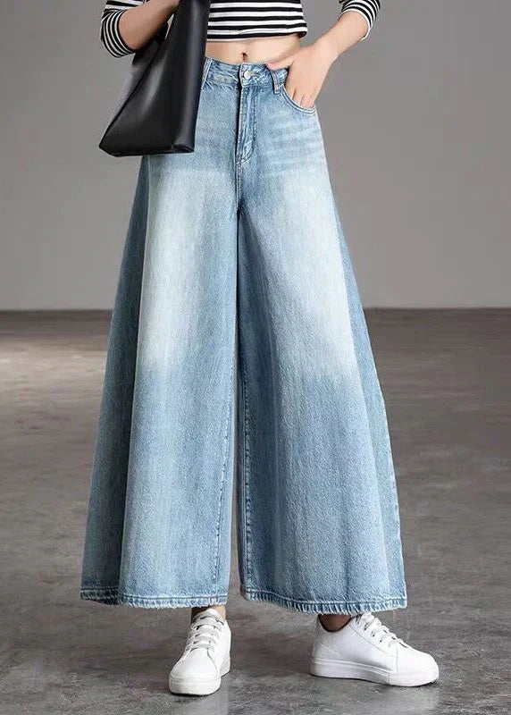 Blue High Waist Pockets Wide Leg Fall Denim Pants