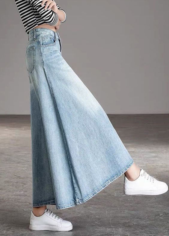 Diy Light Blue-sunflower Pockets Wide Leg Fall Denim Pants