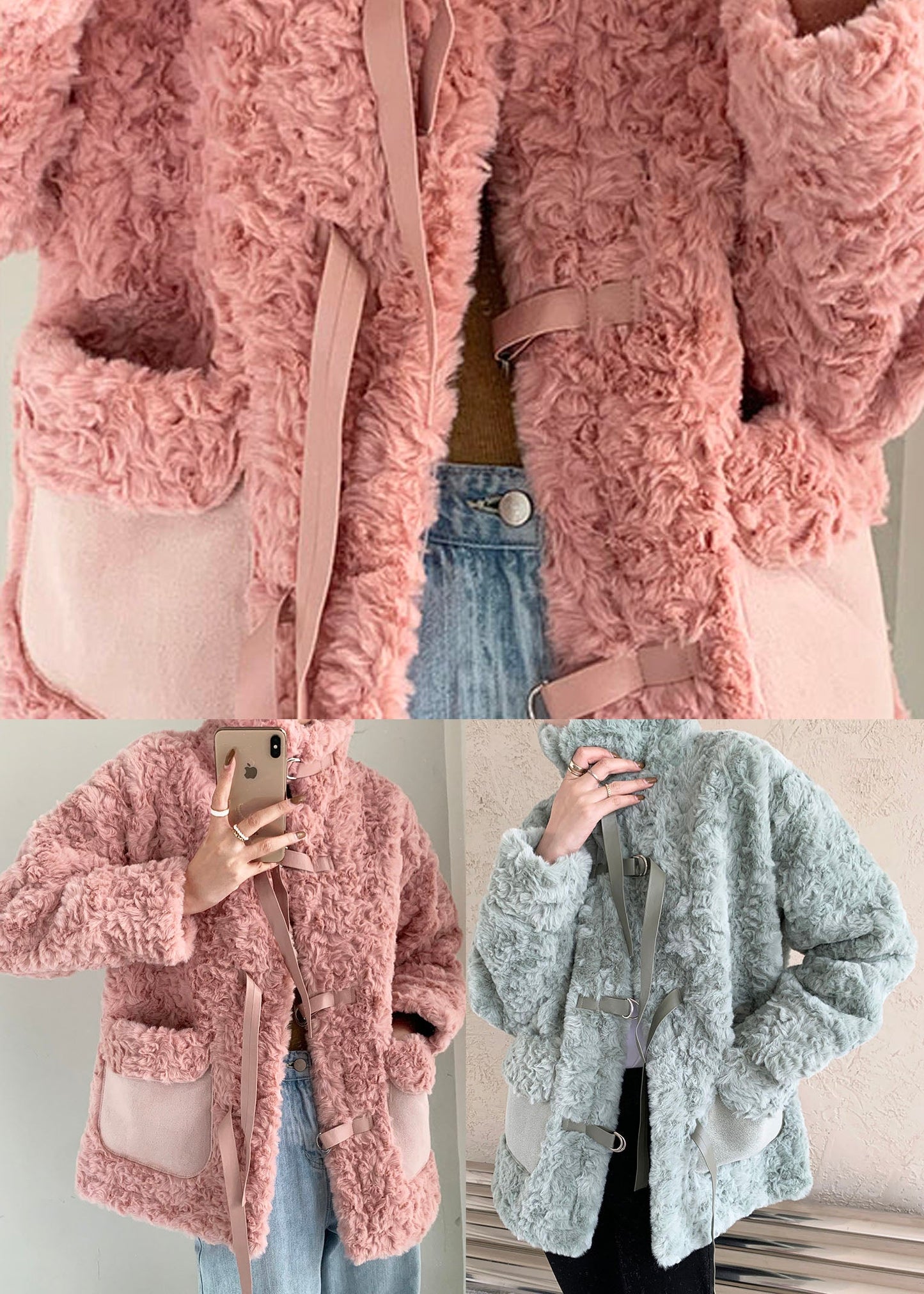 Diy Light Green Pockets Faux Fur Winter Outwear