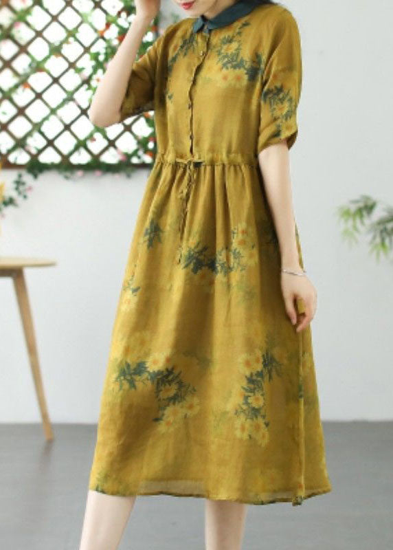 Diy Light Green Print Drawstring Button Patchwork Linen Dress Summer