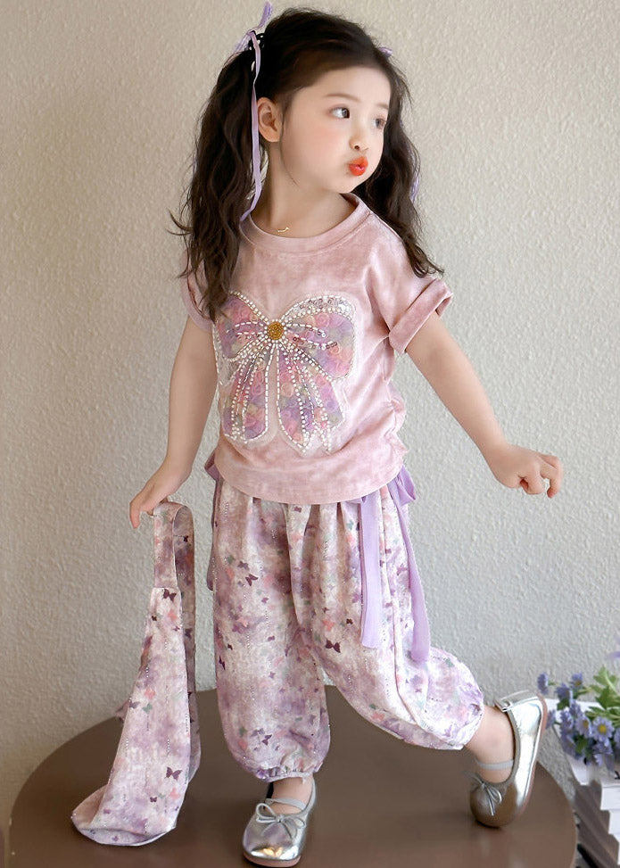Diy Light Purple O-neck Bow Kids T Shirt and Lantern Pants Two Pieces Set Short Sleeve