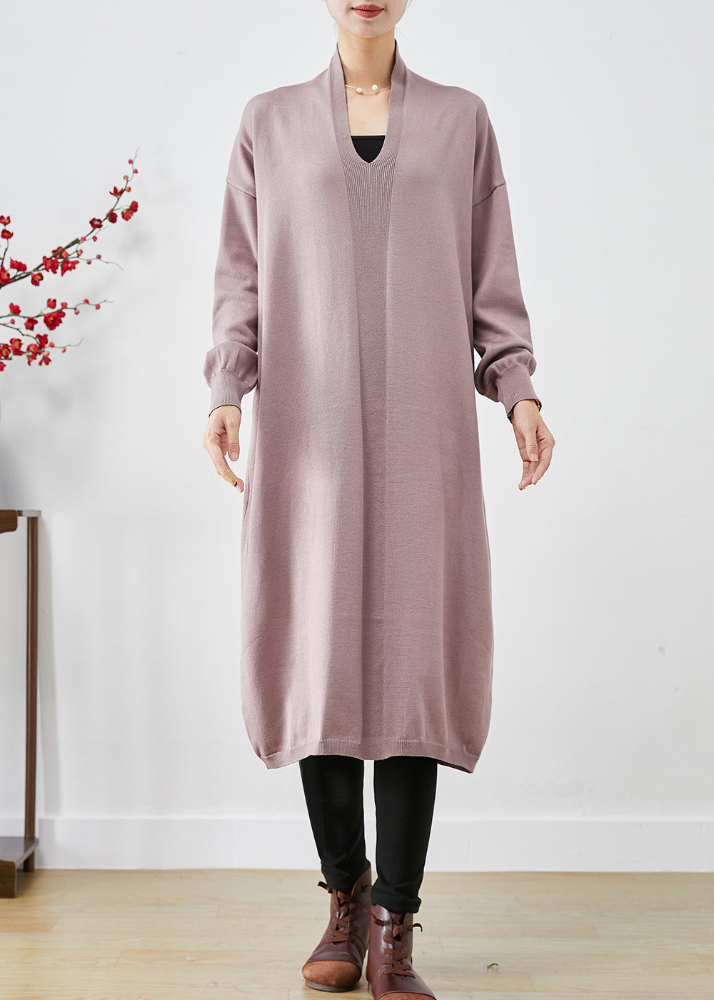 Diy Light Purple V Neck Knit Long Dresses Fall