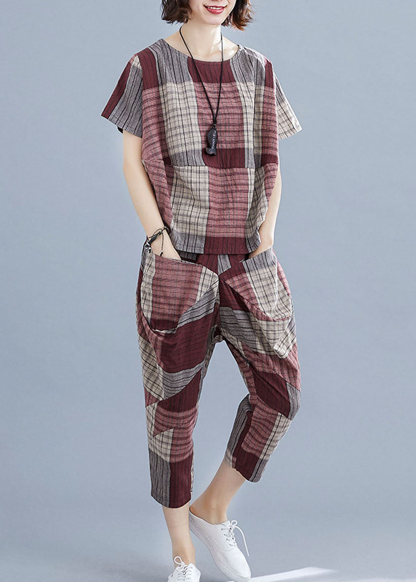 Diy Mulberry Plaid O-neck Cotton Tops and Pants Two Pieces Summer