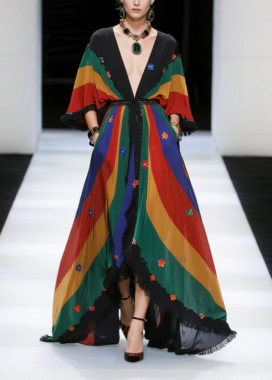 Diy Multicolored Striped Decorated Exra Large Hem Chiffon Party Dresses Summer