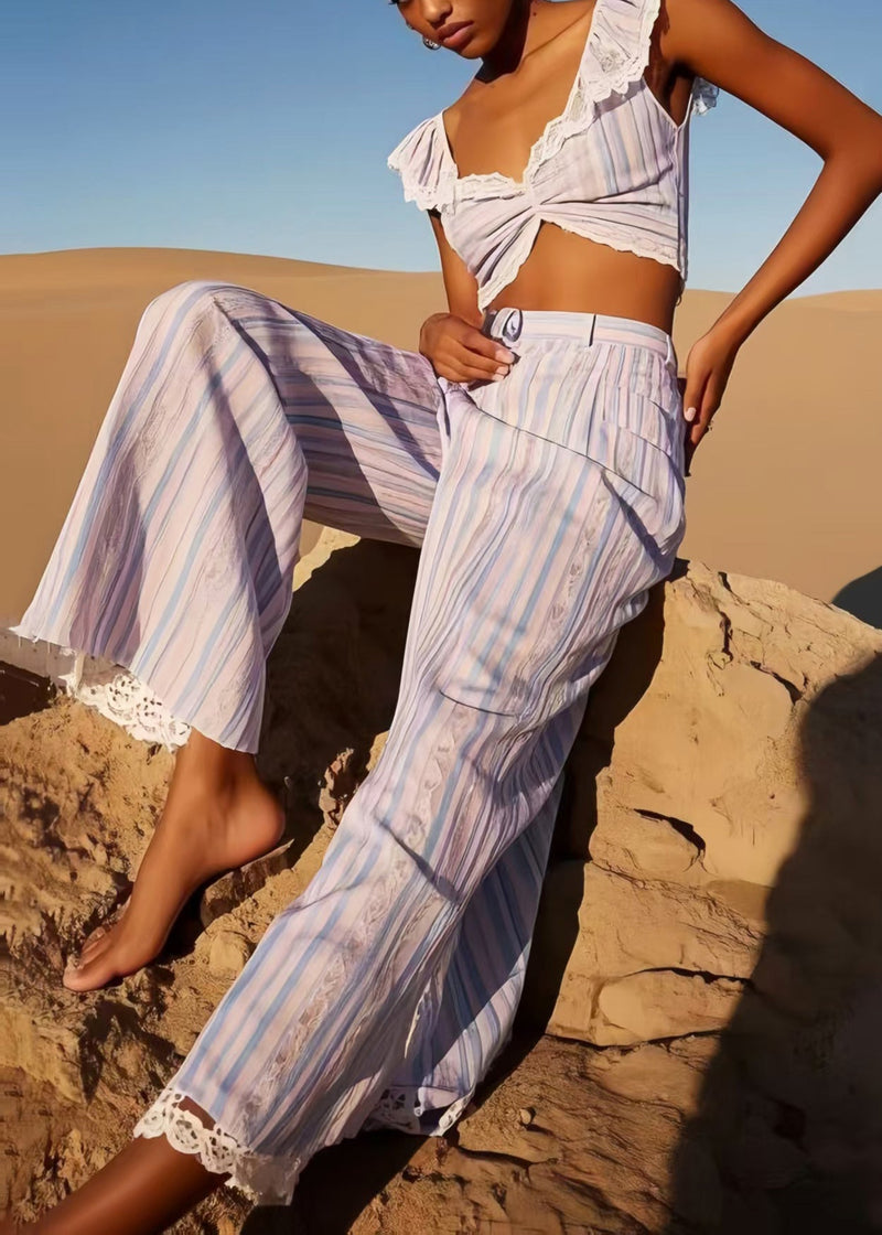 Diy Multicolour Striped Patchwork Lace Pants Summer