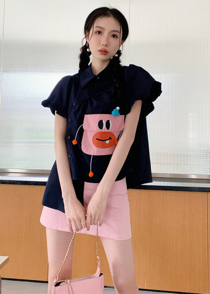 Diy Navy Asymmetrical Design Cartoon Pocket Cotton Shirt Puff Sleeve