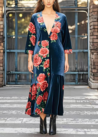 Diy Navy Deep-v Neck Silk Velvet Maxi Dress Bracelet Sleeve