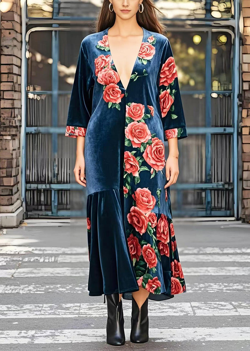 Diy Navy Deep-v Neck Silk Velvet Maxi Dress Bracelet Sleeve