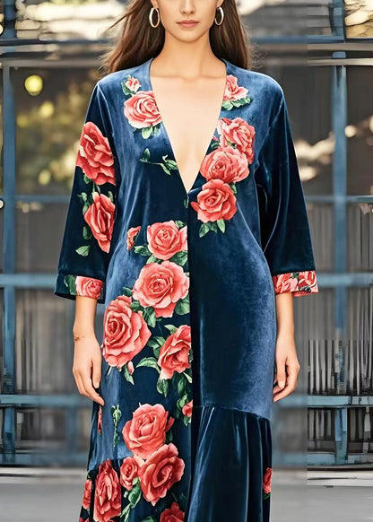Diy Navy Deep-v Neck Silk Velvet Maxi Dress Bracelet Sleeve