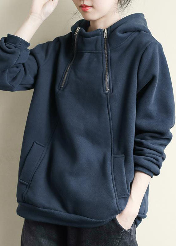 Diy Navy Hooded Patchwork Warm Fleece Sweatshirts Top Winter