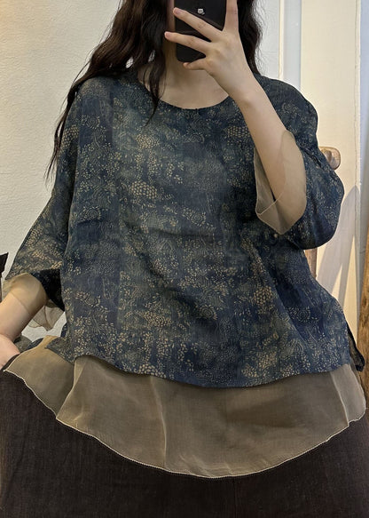 Diy Navy O Neck Print Patchwork Cotton Blend Blouses Summer