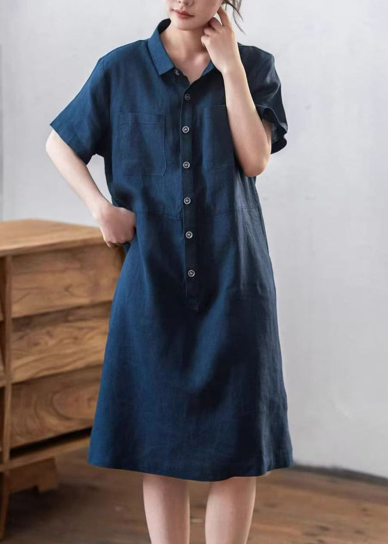 Diy Navy Oversized Pockets Linen Maxi Dresses Summer