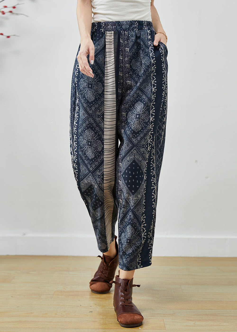 Diy Navy Oversized Print Fine Cotton Filled Harem Pants Spring