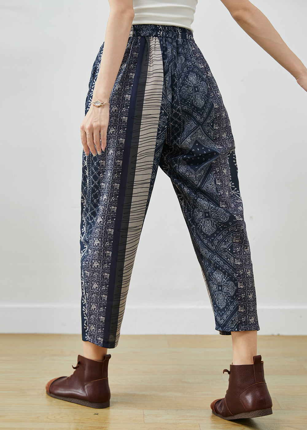 Diy Navy Oversized Print Fine Cotton Filled Harem Pants Spring