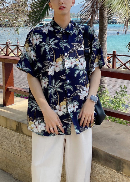 Diy Navy Peter Pan Collar Print Hawaiian Shirts Summer