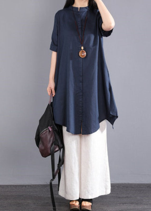 Diy Navy Stand Collar Asymmetrical Design Button Cotton Long Shirt Short Sleeve