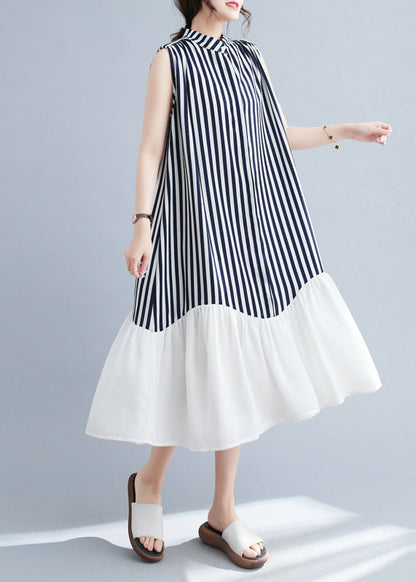 Diy Navy Stand Collar Patchwork Striped Dresses Sleeveless