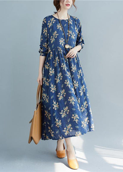 Diy O Neck Cinched Spring Quilting Clothes Work Outfits Blue Print Traveling Dress