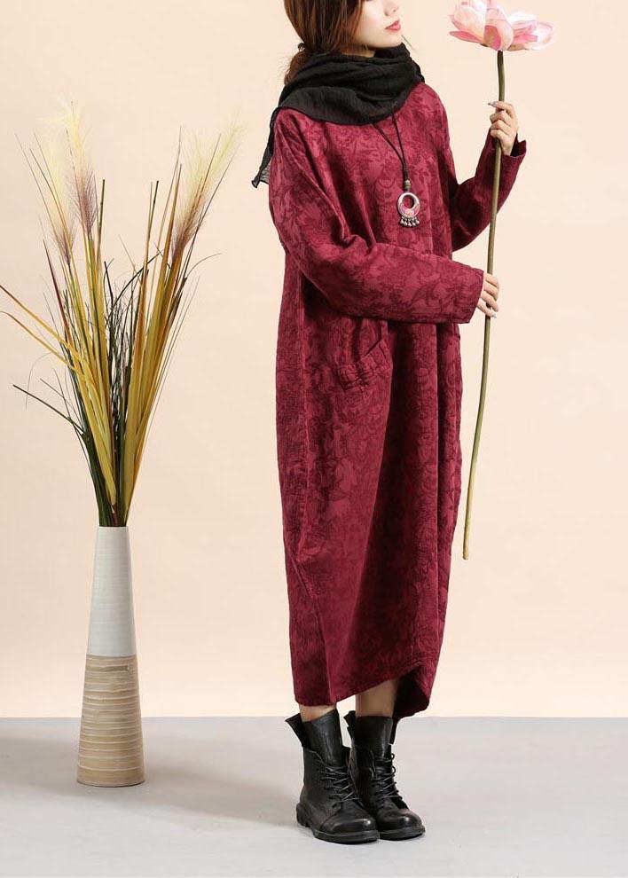 Diy O Neck Pocket Spring Quilting Dresses Fabrics Burgundy Jacquard Robe Dress