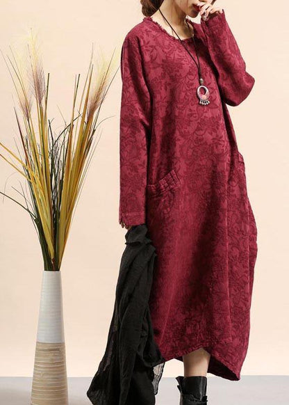 Diy O Neck Pocket Spring Quilting Dresses Fabrics Burgundy Jacquard Robe Dress