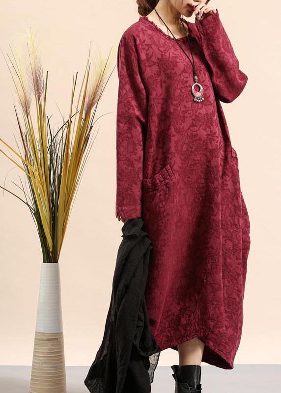 Diy O Neck Pocket Spring Quilting Dresses Fabrics Burgundy Jacquard Robe Dress