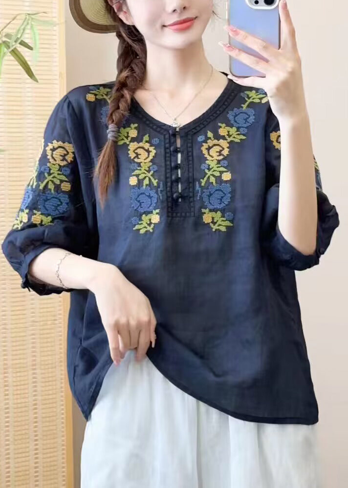 Diy Orange O Neck Embroideried Patchwork Linen Shirts Bracelet Sleeve